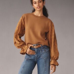 Anthropologie Eyelet Puff Sleeve Crewneck Sweater Elegant, Cottage, Sz Small